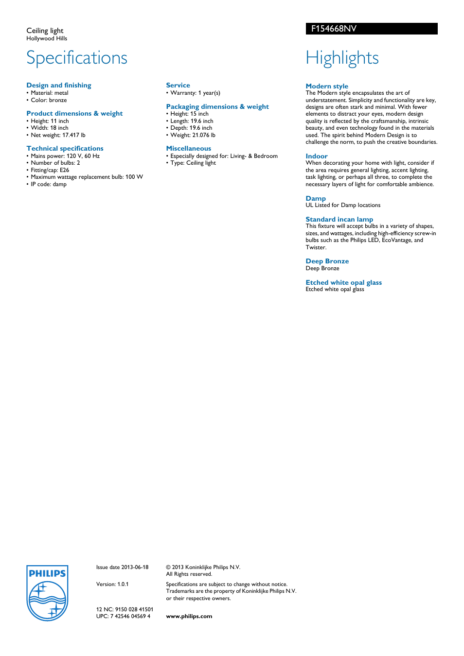 Specifications, Highlights | Philips F154668NV User Manual | Page 2 / 2