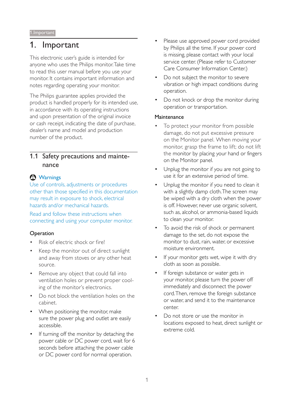 Important, 1 safety precautions and mainte- nance | Philips 221S3SB-27 User Manual | Page 3 / 48