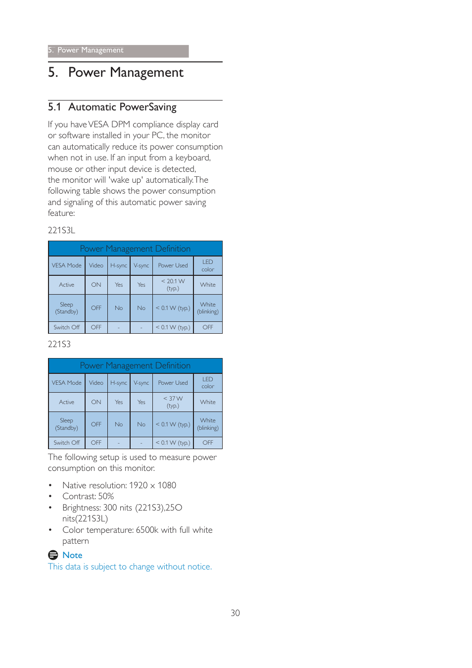 Power management, 1 automatic powersaving, 221s3 power management definition | Philips 221S3SB-27 User Manual | Page 32 / 48