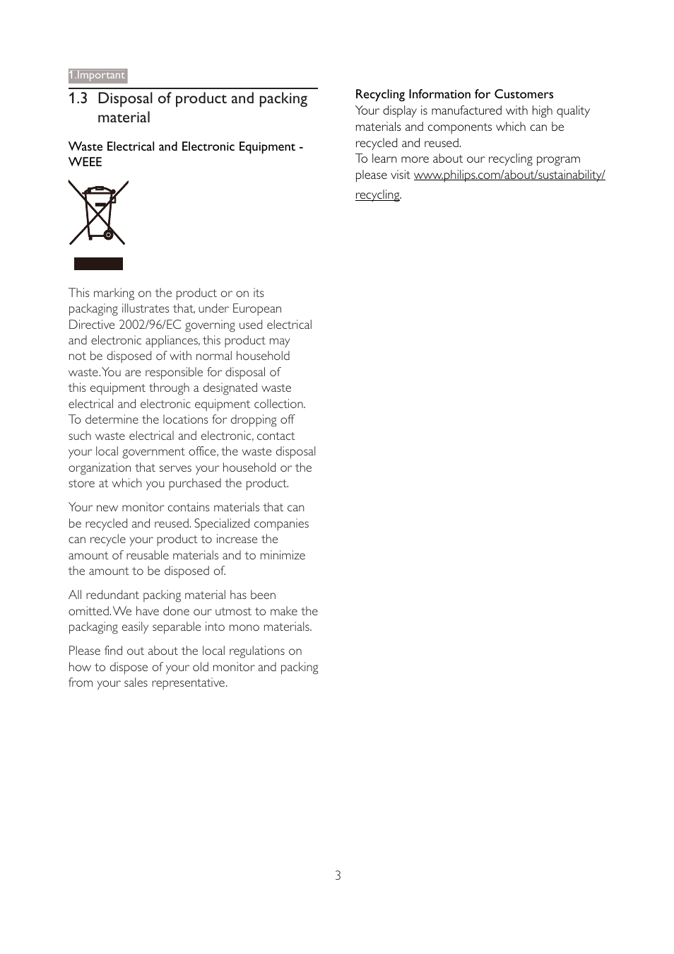 3 disposal of product and packing material | Philips 221S3SB-27 User Manual | Page 5 / 48