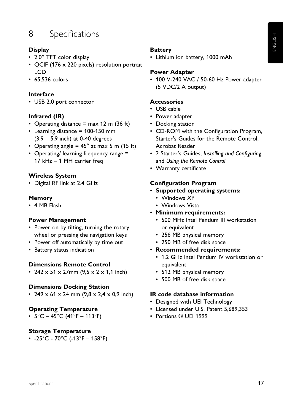 8specifications | Philips TSU9200-37 User Manual | Page 17 / 48