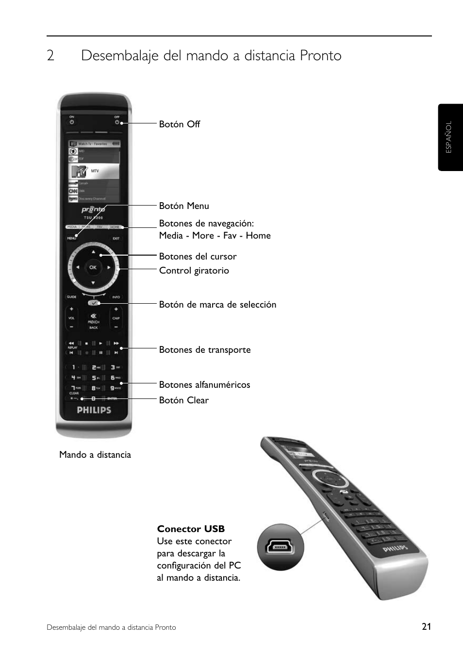 2desembalaje del mando a distancia pronto | Philips TSU9200-37 User Manual | Page 21 / 48
