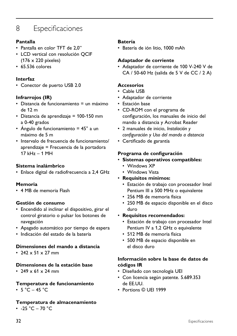 8especificaciones | Philips TSU9200-37 User Manual | Page 32 / 48