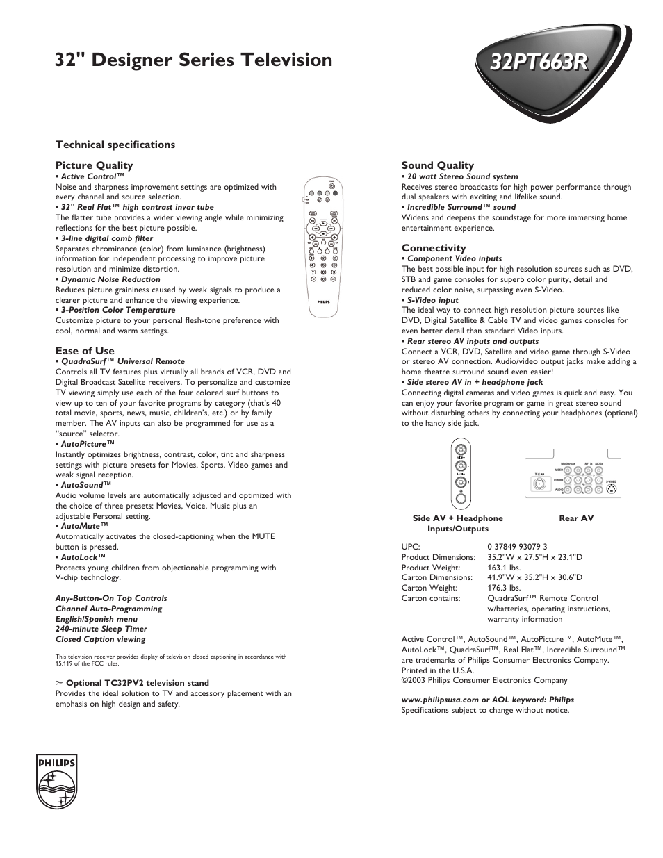 32" designer series television | Philips 32PT663R User Manual | Page 2 / 2