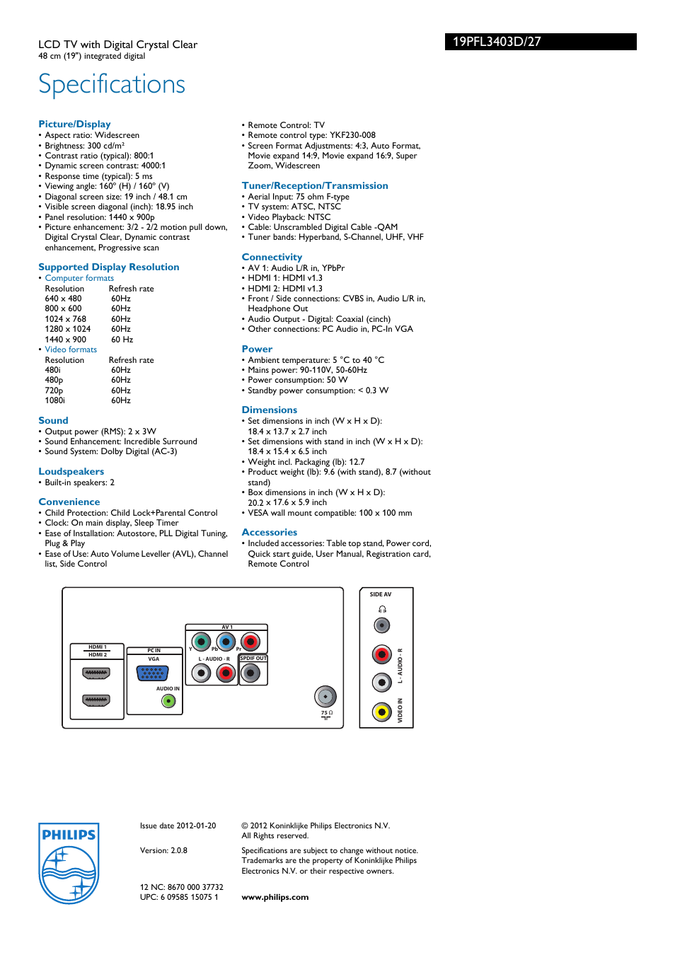 Specifications | Philips 19PFL3403D-27 User Manual | Page 3 / 3