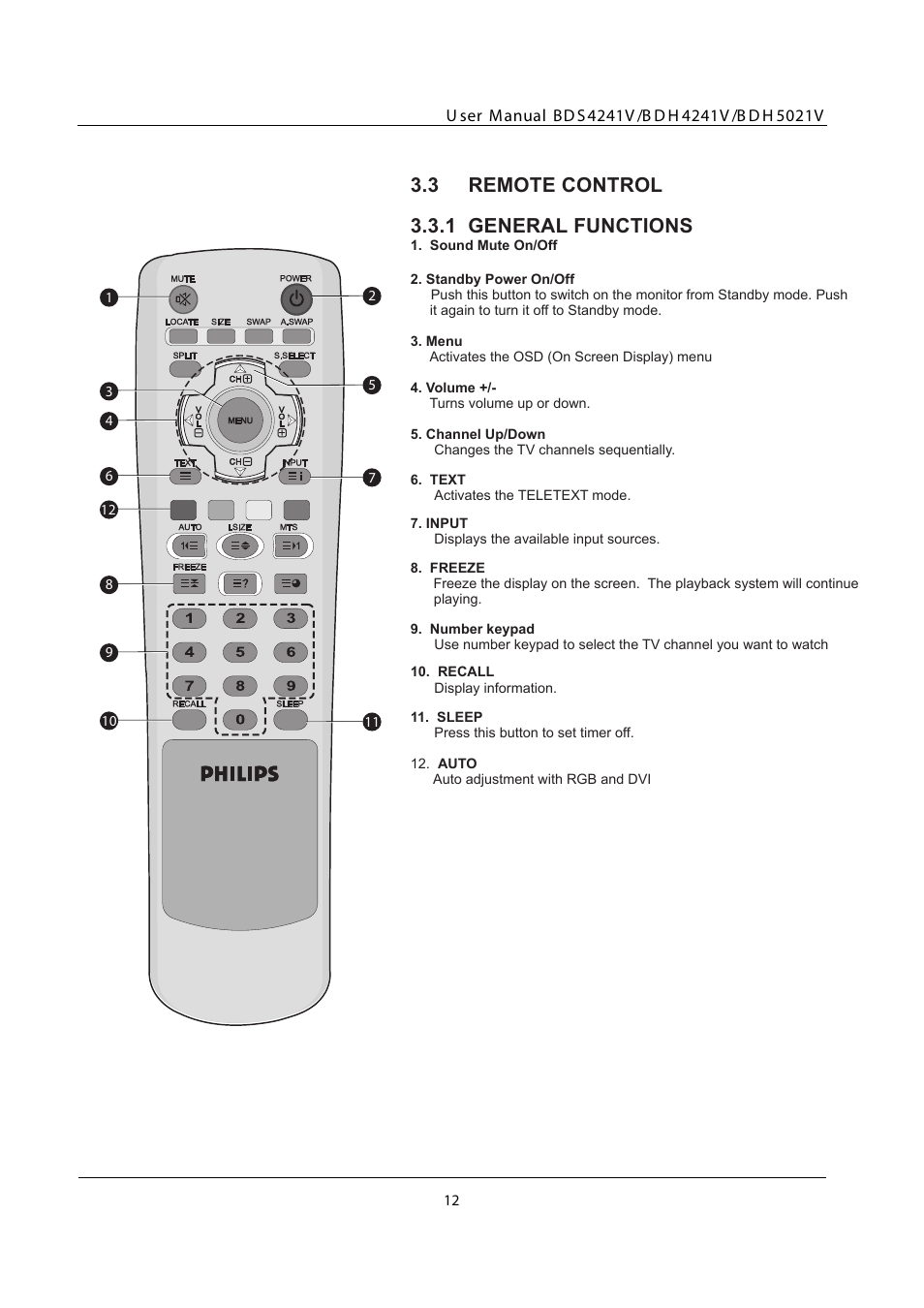 3 remote control, 1 general functions, Remote control | General functions, 3 remote control 3.3.1 general functions | Philips BDH5021V-27B User Manual | Page 13 / 41