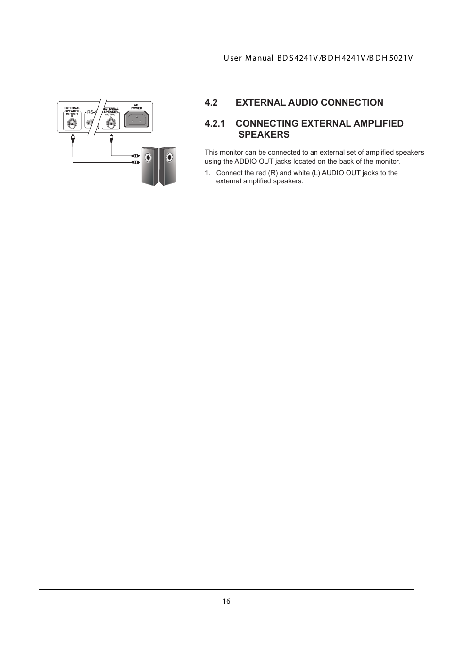 2 external audio connection, 1 connecting external amplified speaker, External audio connection | Connecting external amplified speakers | Philips BDH5021V-27B User Manual | Page 17 / 41