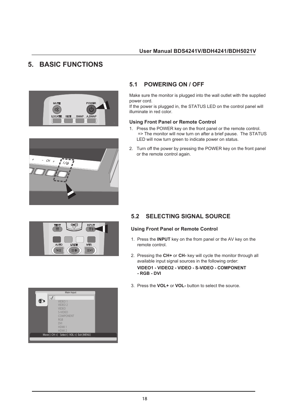 Basic functions, 1 powering on/off, 2 selecting signal source | Ba sic fu n c t io n s, Powering on/off, Selecting signal source, 1 powering on / off | Philips BDH5021V-27B User Manual | Page 19 / 41