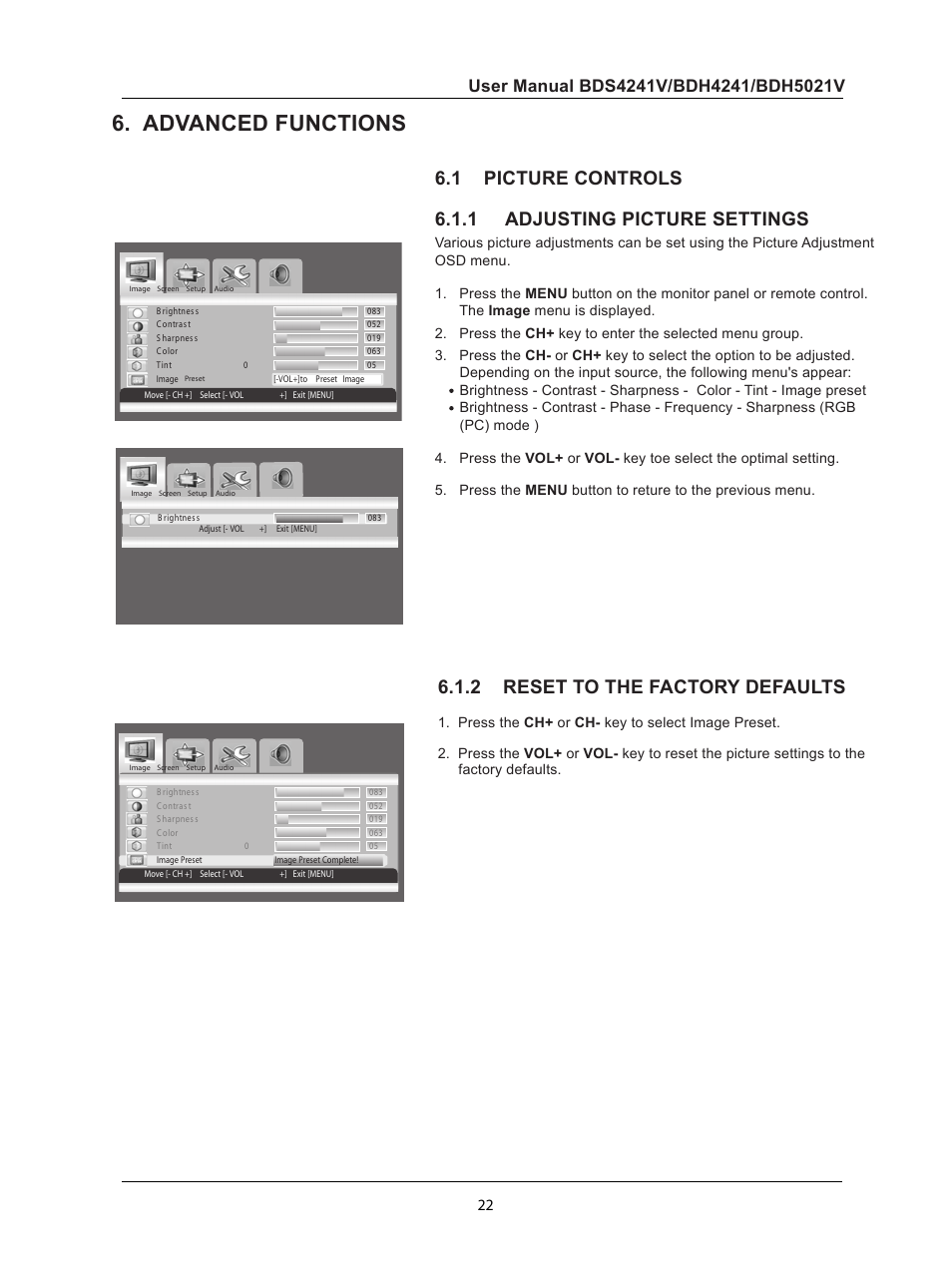 Advanced functions, 1 picture controls, 1 adjusting picture settings | 2 reset to the factory defaults, A dv a n c ed fu n c t io n s, Picture controls, Adjusting picture settings, Reset to the factory defaults | Philips BDH5021V-27B User Manual | Page 23 / 41