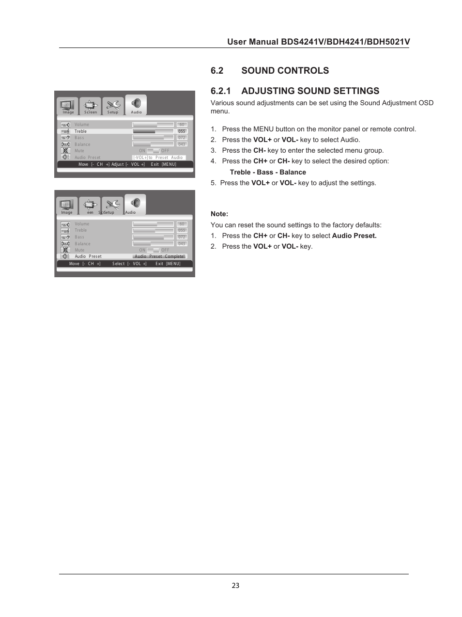 2 sound controls, 1 adjusting sound settings, Sound controls | Adjusting sound settings, 2 sound controls 6.2.1 adjusting sound settings | Philips BDH5021V-27B User Manual | Page 24 / 41