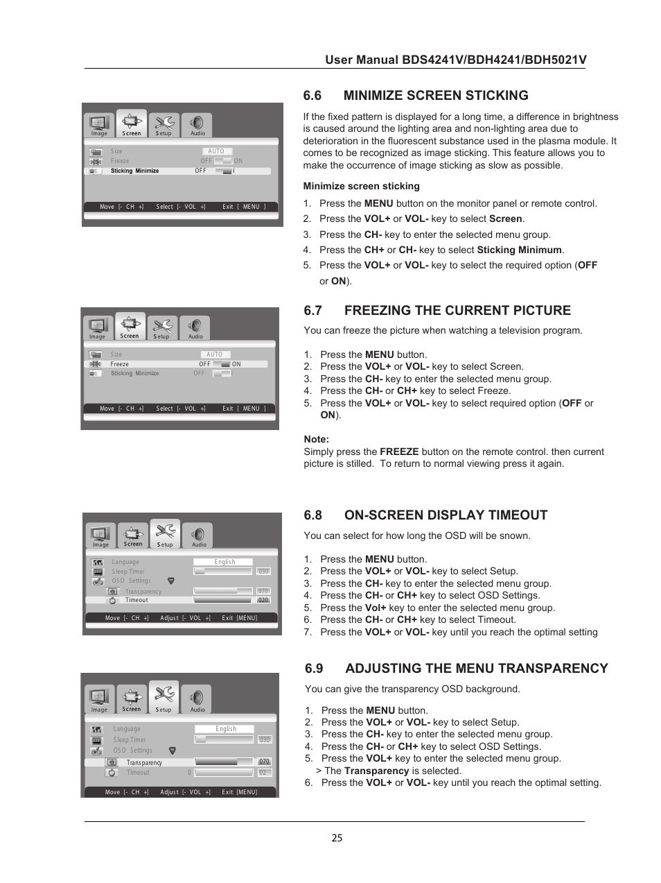 6 minimize screen sticking, 7 freezing the current picture, 8 on-screen display timeout | 9 adjusting the menu transparency, Minimize screen sticking | Philips BDH5021V-27B User Manual | Page 26 / 41