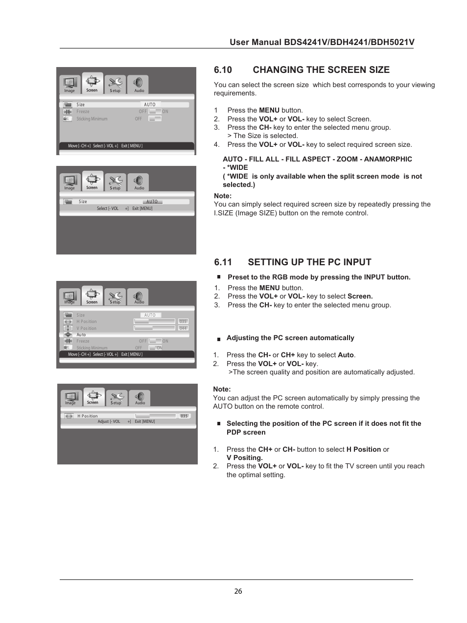 10 changing the screen size, 11 setting up the pc input, Changing the screen size | Setting up the pc input | Philips BDH5021V-27B User Manual | Page 27 / 41