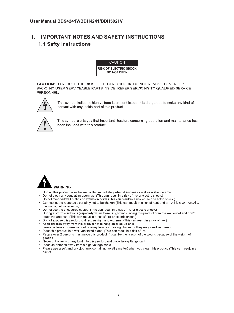 Important notes and safety instructions, 1 safety instruction, Safety instructions | Philips BDH5021V-27B User Manual | Page 4 / 41