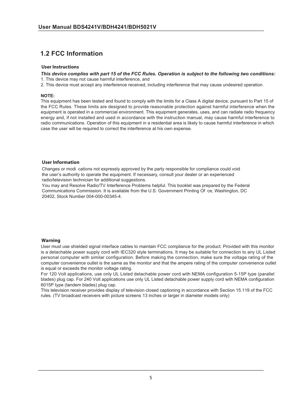 2 fcc information, Fcc instruction | Philips BDH5021V-27B User Manual | Page 6 / 41