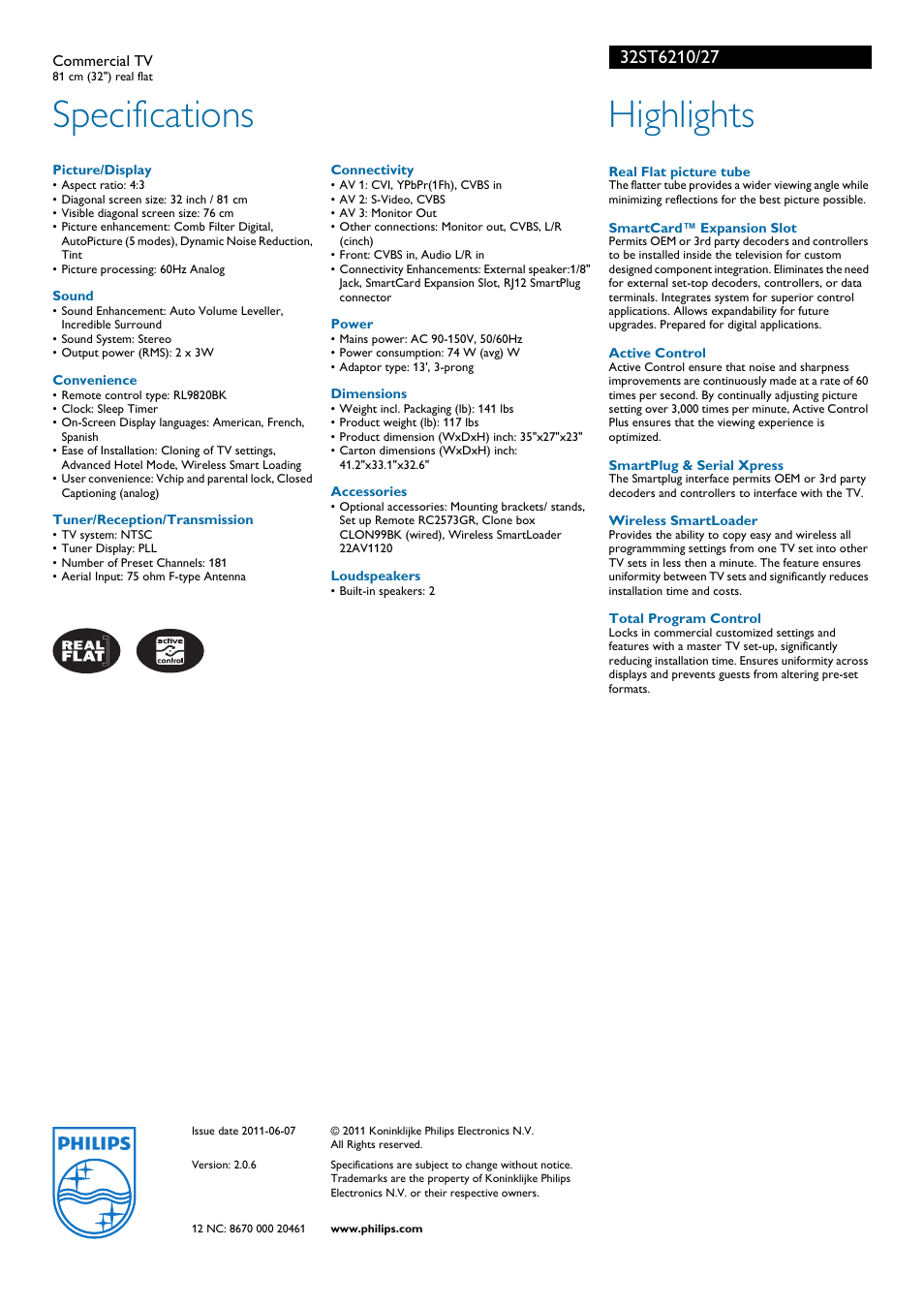 Specifications, Highlights | Philips 32ST6210-27B User Manual | Page 2 / 2