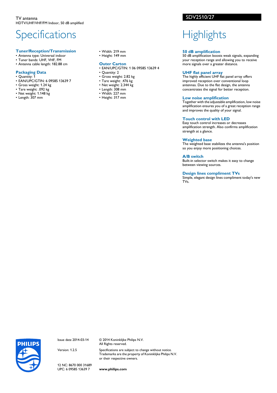 Specifications, Highlights | Philips SDV2510-27 User Manual | Page 2 / 2