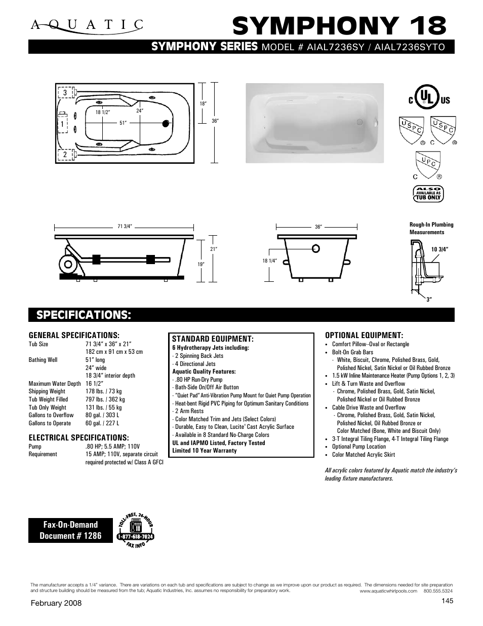 Aquatic AIAL7236SY User Manual | 1 page
