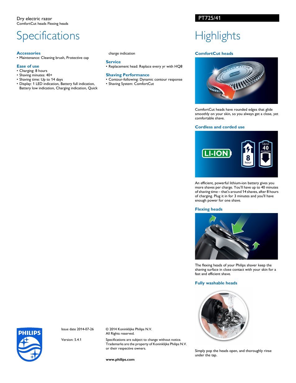 Specifications, Highlights | Philips PT725-41 User Manual | Page 2 / 2