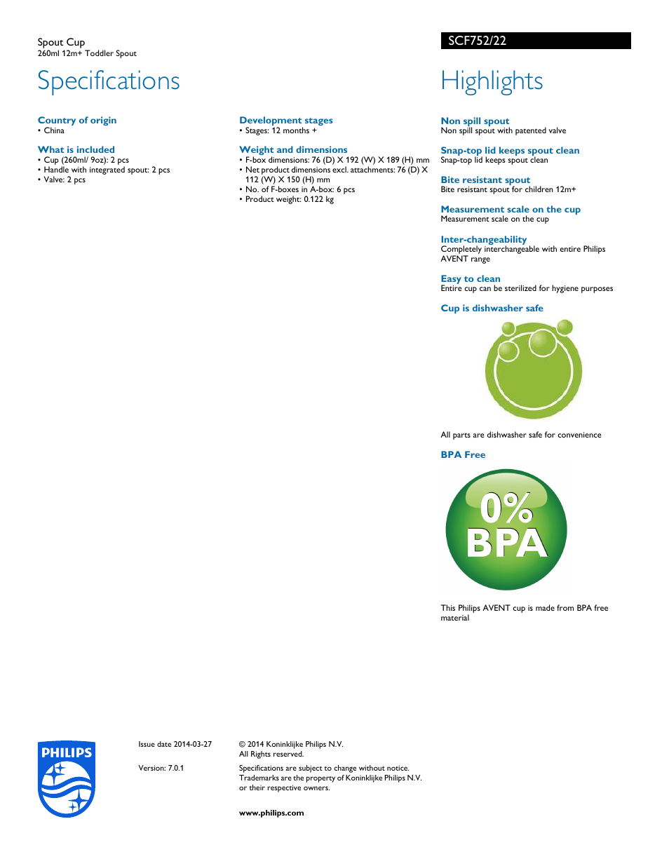 Specifications, Highlights | Philips SCF752-22 User Manual | Page 2 / 2