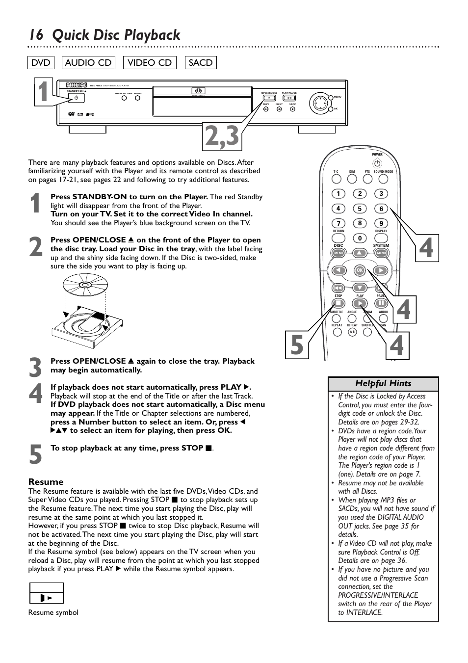 16 quick disc playback | Philips DVD765SA User Manual | Page 16 / 55