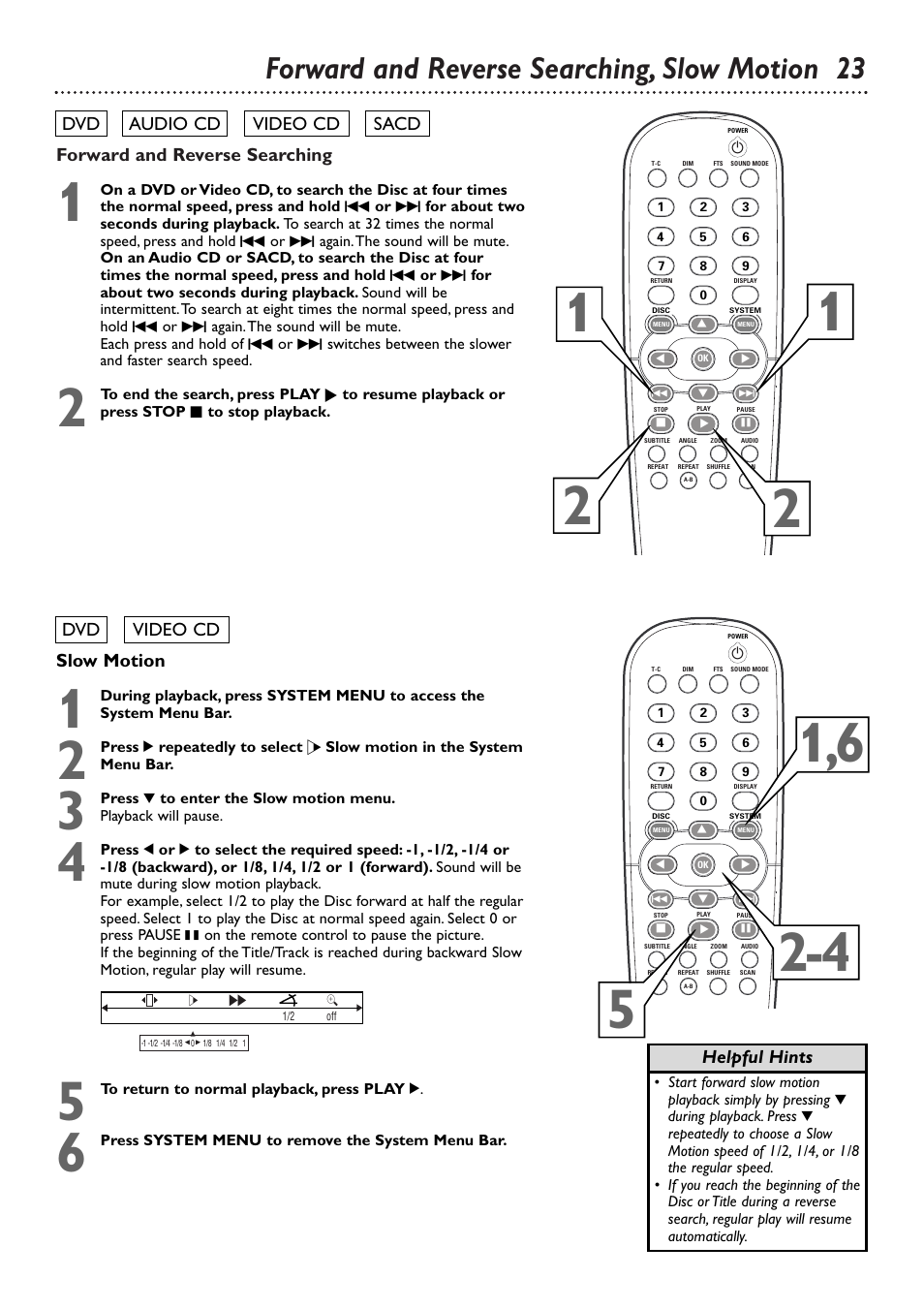 Forward and reverse searching, slow motion 23 | Philips DVD765SA User Manual | Page 23 / 55