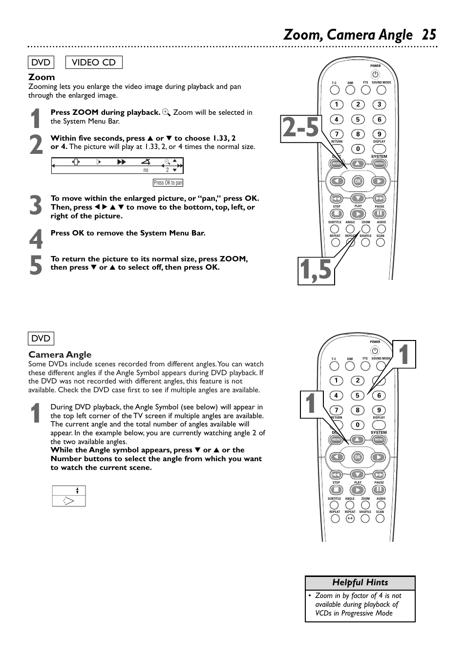 Zoom, camera angle 25, Camera angle, Zoom | Dvd video cd dvd, Helpful hints | Philips DVD765SA User Manual | Page 25 / 55