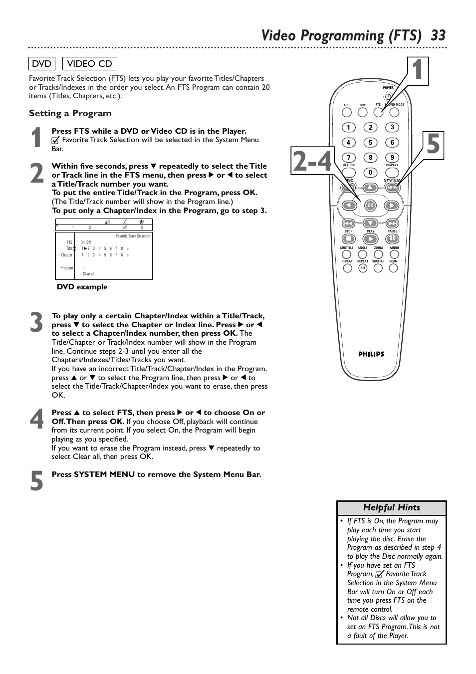 Video programming (fts) 33, Setting a program, Dvd video cd | Helpful hints | Philips DVD765SA User Manual | Page 33 / 55