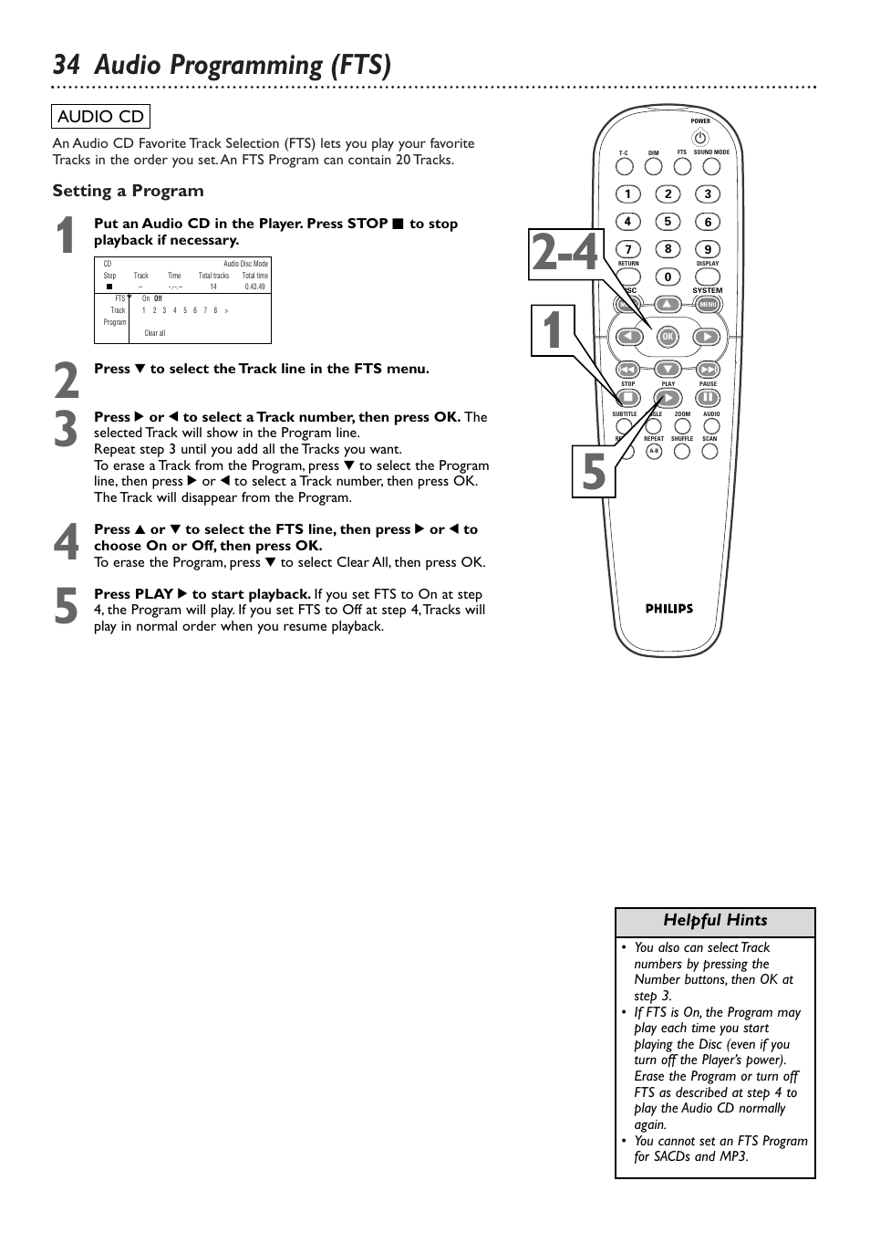 34 audio programming (fts), Setting a program, Helpful hints audio cd | Philips DVD765SA User Manual | Page 34 / 55