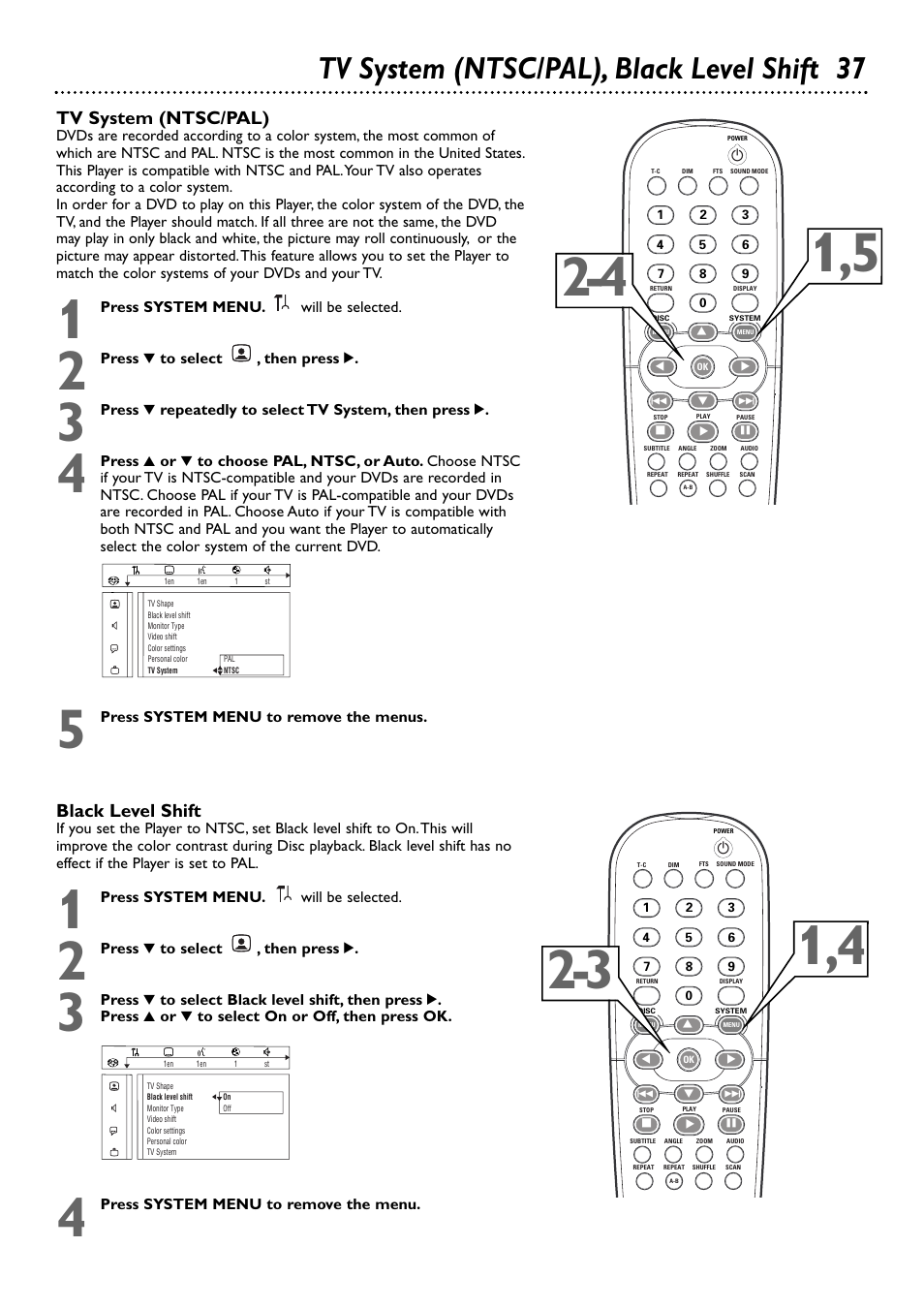 Tv system (ntsc/pal), black level shift 37, Black level shift, Tv system (ntsc/pal) | Philips DVD765SA User Manual | Page 37 / 55