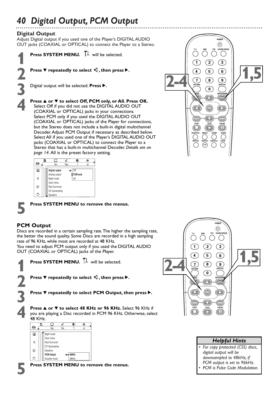 40 digital output, pcm output, Digital output, Helpful hints | Pcm output | Philips DVD765SA User Manual | Page 40 / 55