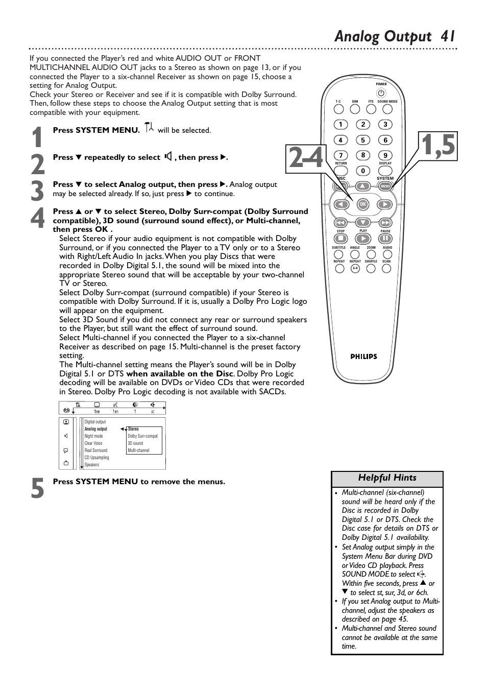 Analog output 41, Helpful hints | Philips DVD765SA User Manual | Page 41 / 55