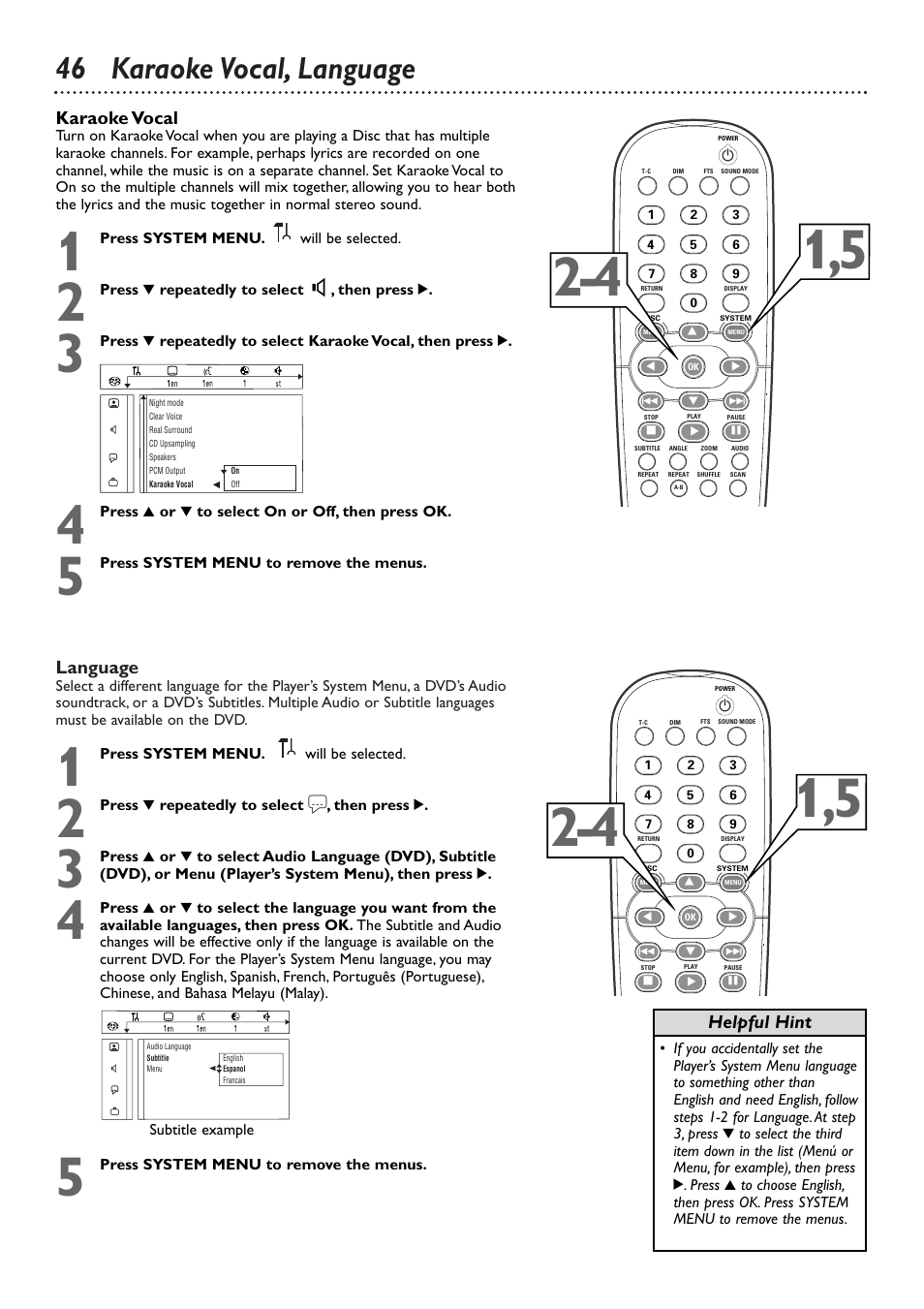 46 karaoke vocal, language, Language, Helpful hint | Karaoke vocal | Philips DVD765SA User Manual | Page 46 / 55