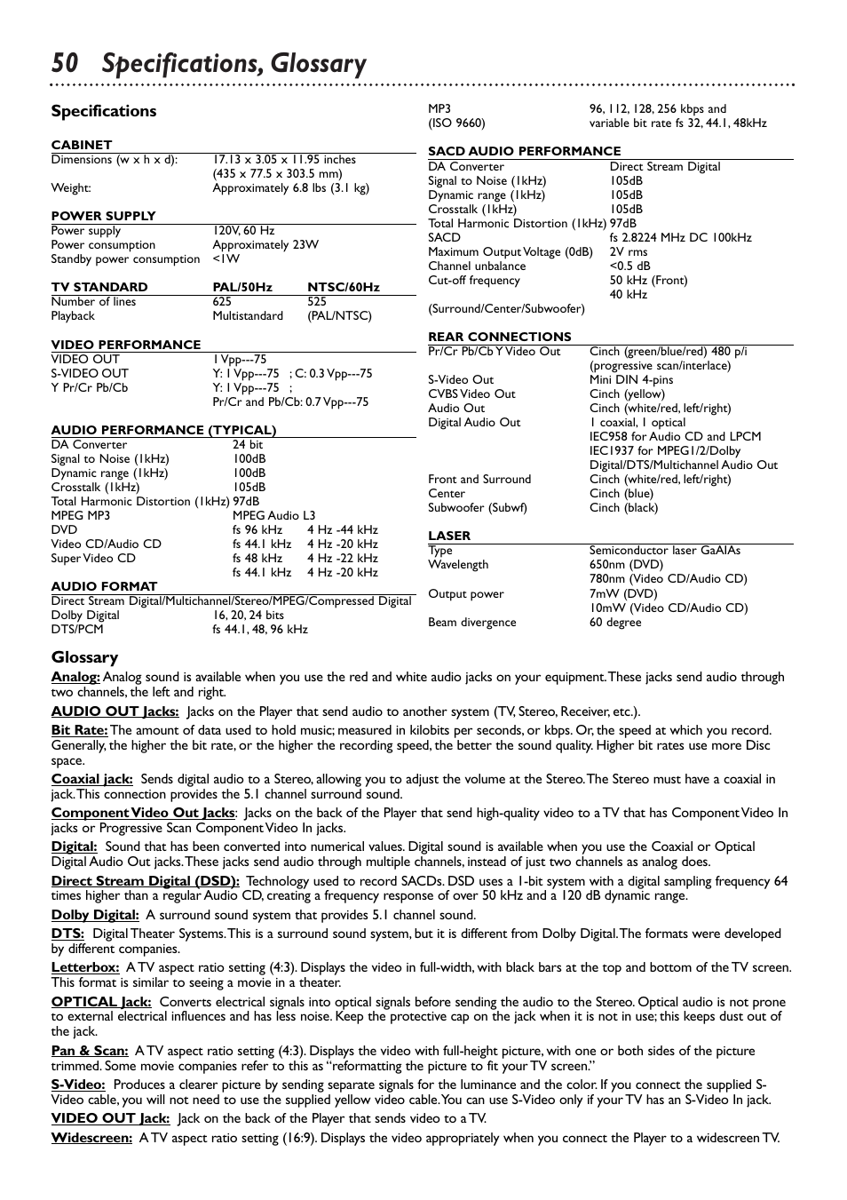 50 specifications, glossary, Specifications, Glossary | Philips DVD765SA User Manual | Page 50 / 55