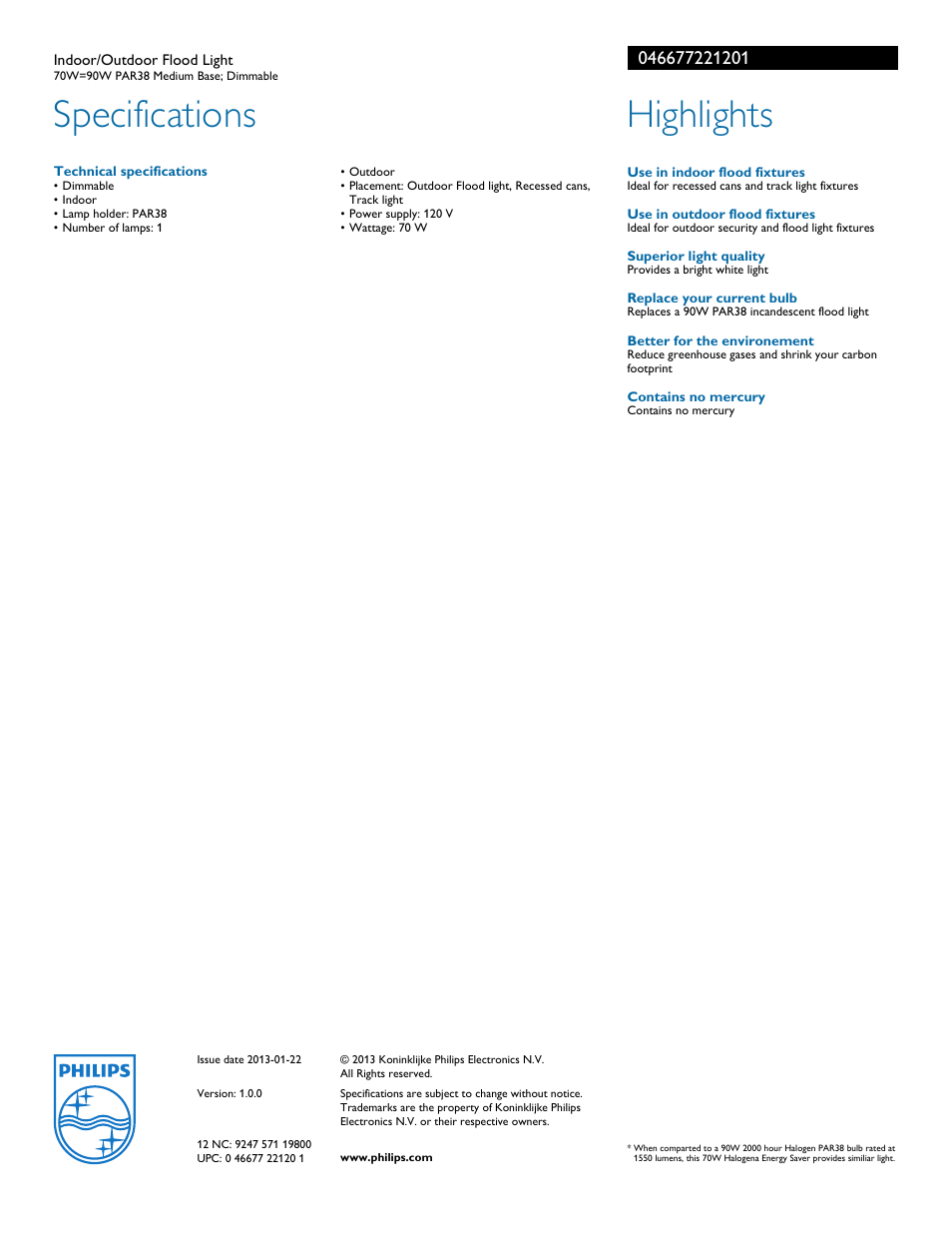Specifications, Highlights | Philips 046677221201 User Manual | Page 2 / 2