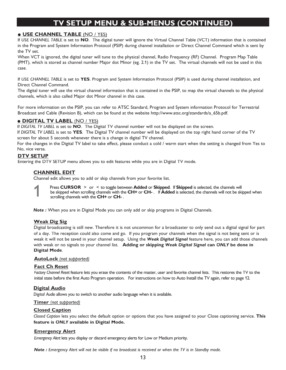 Tv setup menu & sub-menus (continued) | Philips 27" real flat commercial TV User Manual | Page 13 / 25