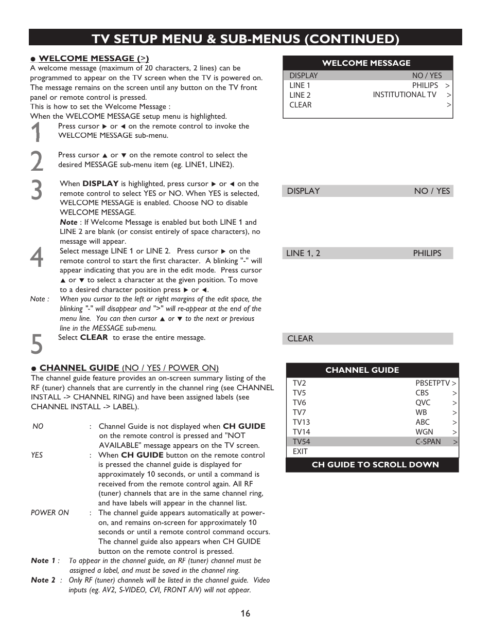 Tv setup menu & sub-menus (continued) | Philips 27" real flat commercial TV User Manual | Page 16 / 25