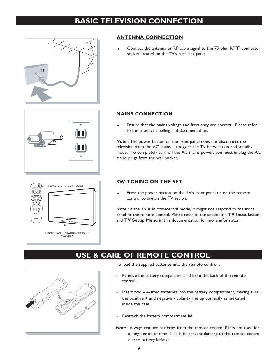 Basic television connection, Use & care of remote control, Antenna connection | Mains connection, Switching on the set | Philips 27" real flat commercial TV User Manual | Page 6 / 25