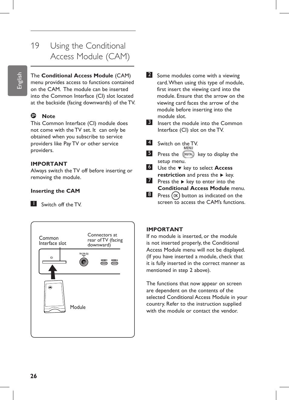 19 using the conditional access module (cam) | Philips 42PFL7682D-12 User Manual | Page 30 / 56