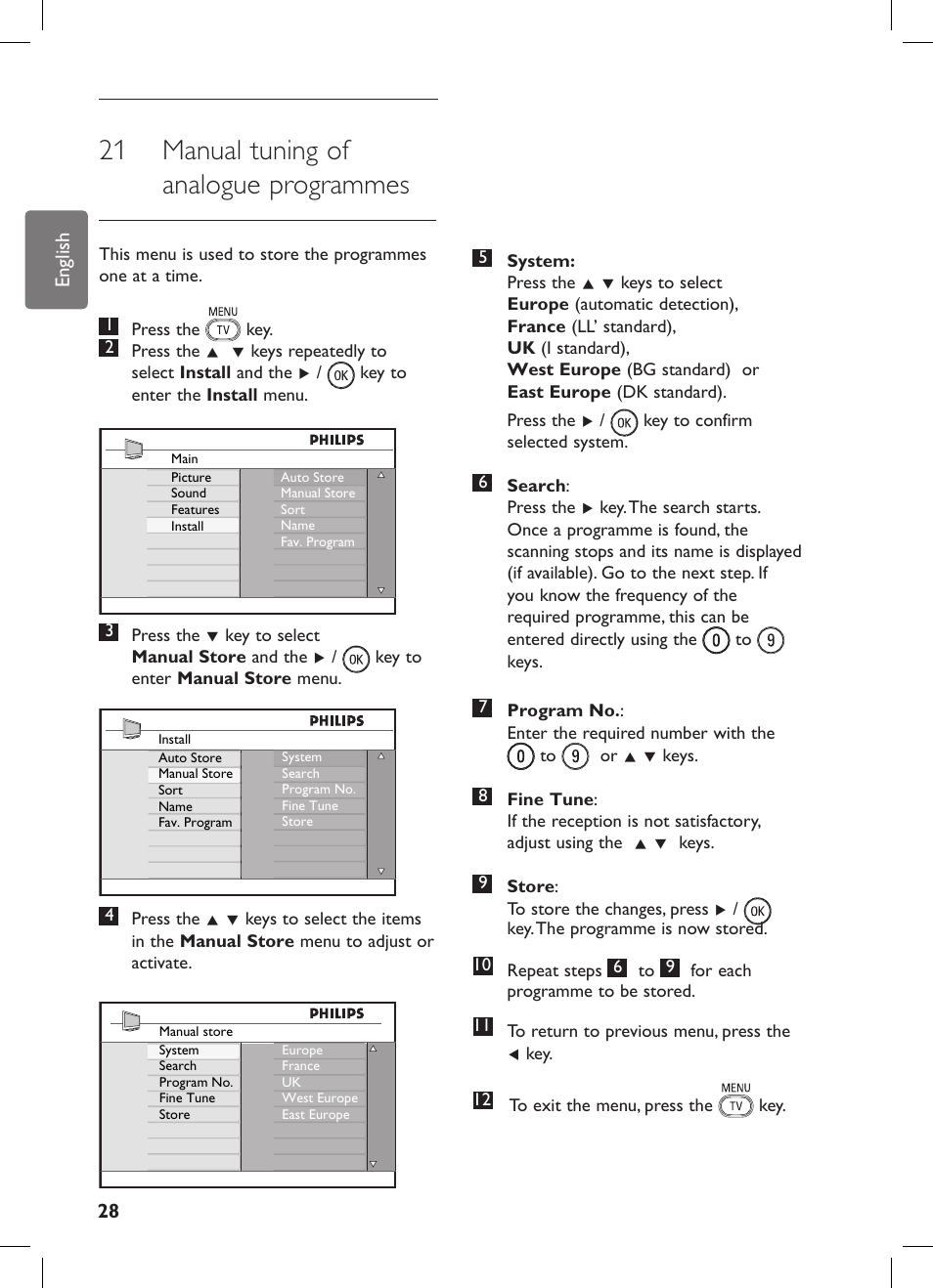 21 manual tuning of analogue programmes | Philips 42PFL7682D-12 User Manual | Page 32 / 56