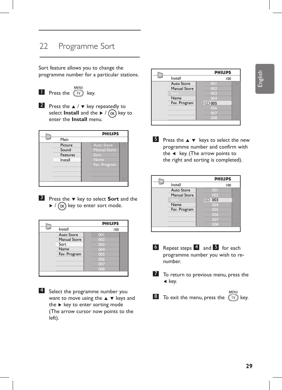 22 programme sort | Philips 42PFL7682D-12 User Manual | Page 33 / 56