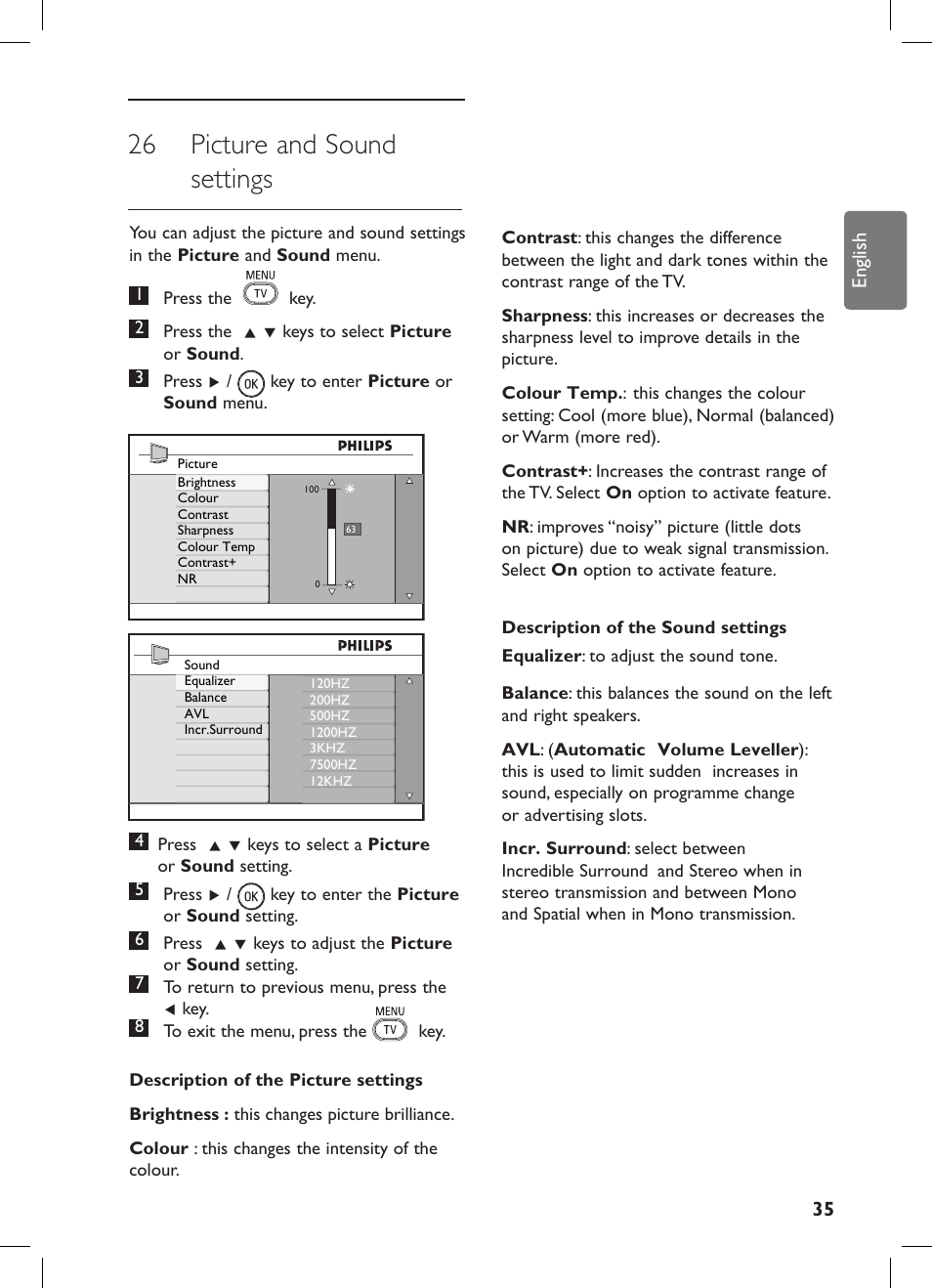 26 picture and sound settings | Philips 42PFL7682D-12 User Manual | Page 39 / 56