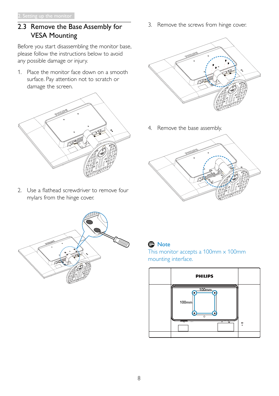 3 remove the base assembly for vesa mounting, 3 remove the base assembly for vesa, Mounting | Philips 19S4LSB5-27 User Manual | Page 10 / 45