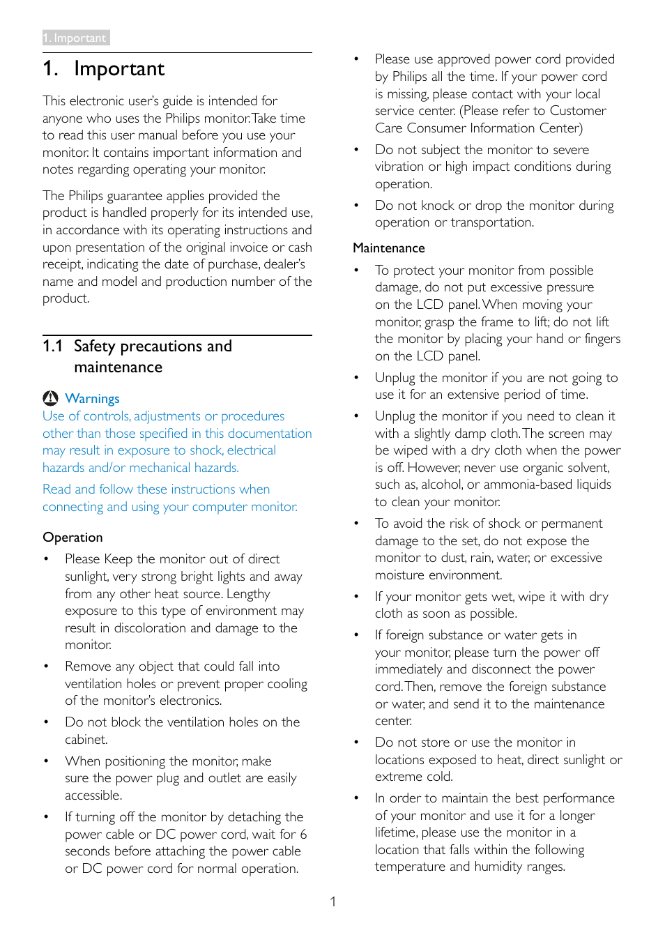 Important, 1 safety precautions and maintenance, 1 safety precautions and maintenance .1 | Philips 19S4LSB5-27 User Manual | Page 3 / 45