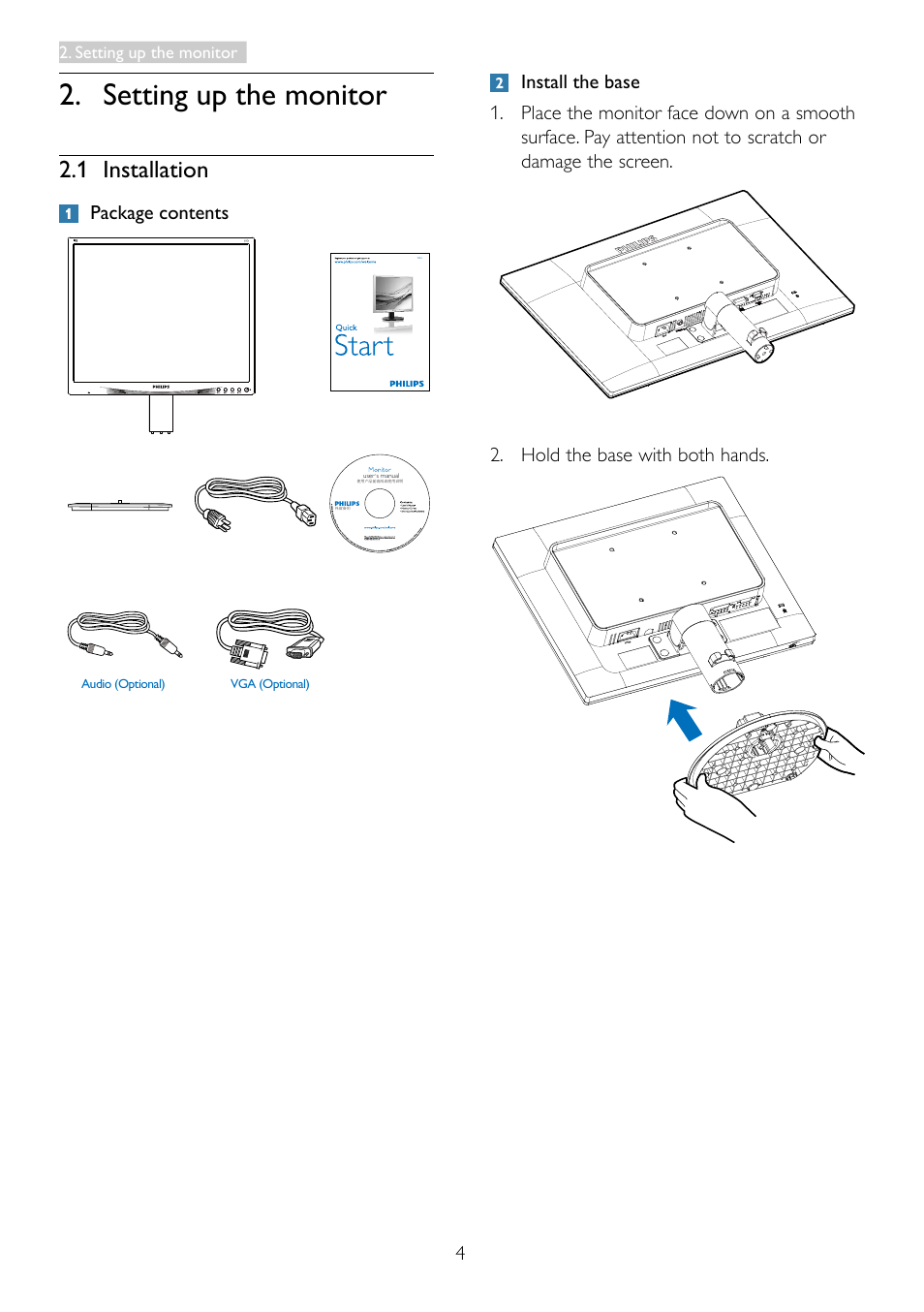 Setting up the monitor, 1 installation, Package contents | Philips 19S4LSB5-27 User Manual | Page 6 / 45