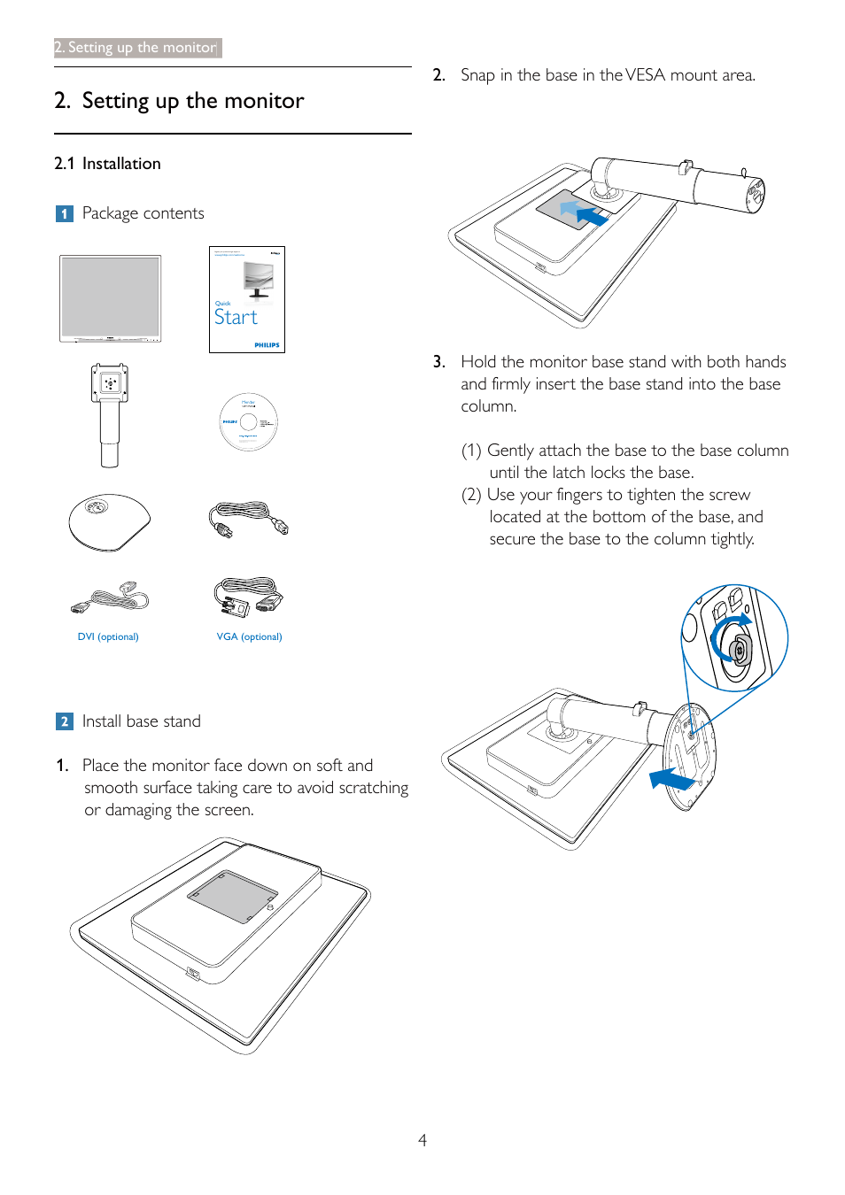 Setting up the monitor, Start | Philips 19B4LPCB-27 User Manual | Page 6 / 51