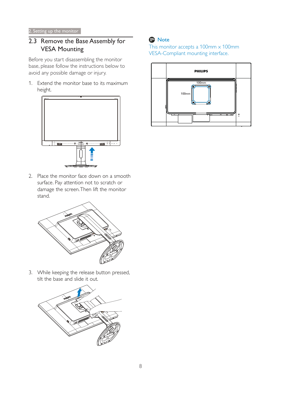 3 remove the base assembly for vesa mounting, Note, Setting up the monitor | Philips 271P4QPJEB-27 User Manual | Page 10 / 46