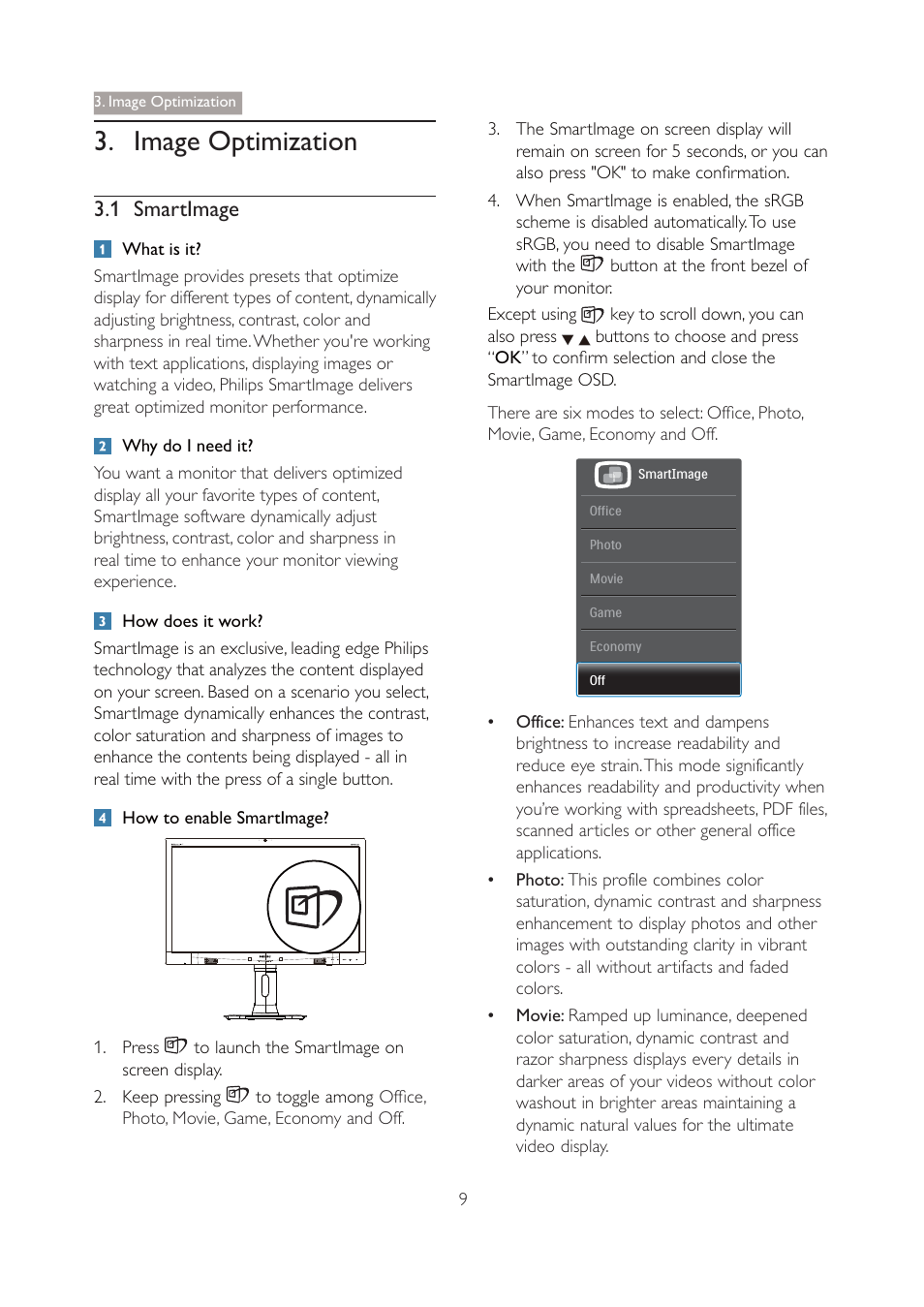 1 smartimage, Q what is it, Why do i need it | Q how does it work, Q how to enable smartimage, 1 smartlmage, Image optimization | Philips 271P4QPJEB-27 User Manual | Page 11 / 46