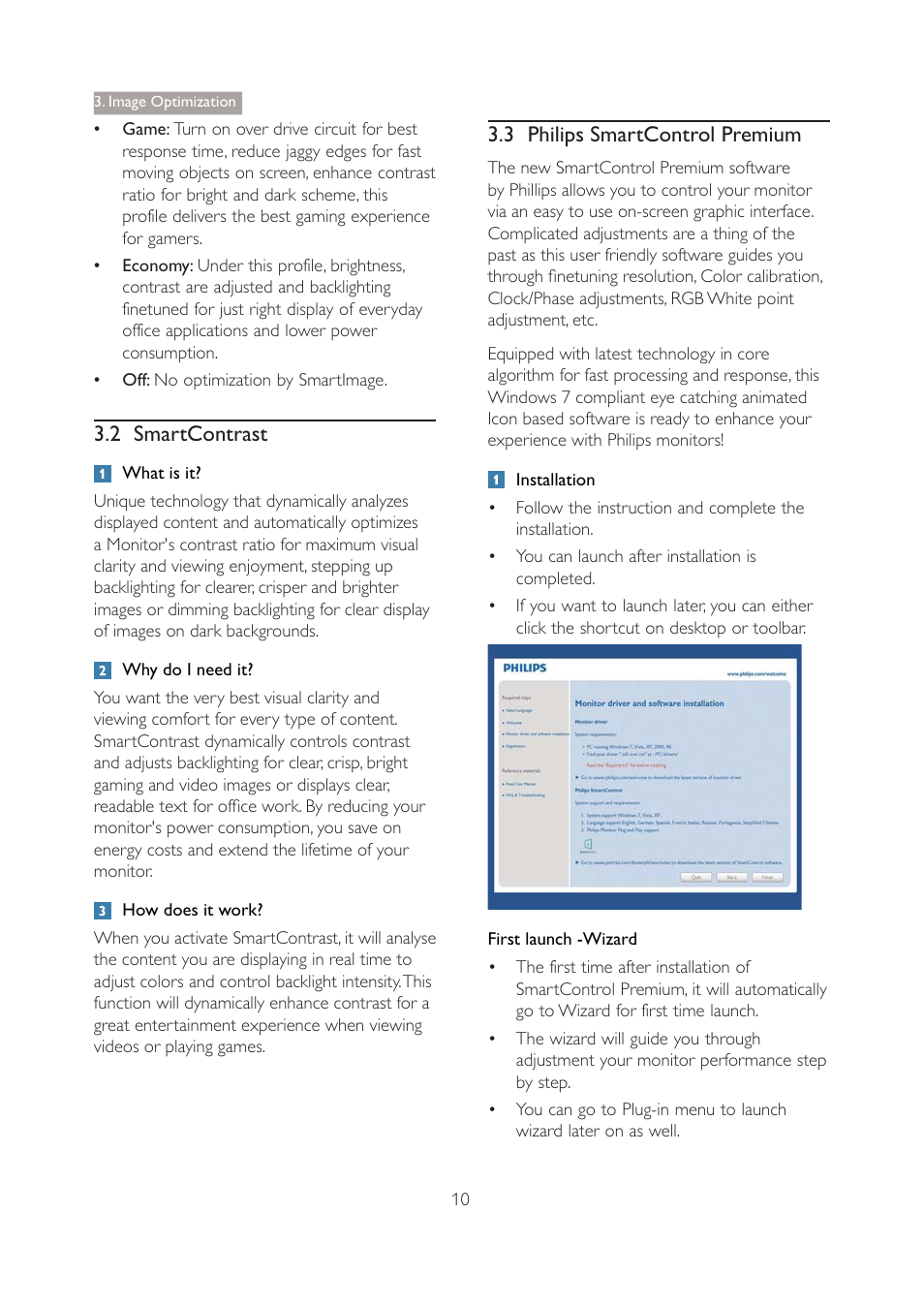 2 smartcontrast, Q what is it, Q why do i need it | Q how does it work, 3 philips smartcontrol premium, Q installation, First launch -wizard, 3 philips smartcontrolpremium, Image optimization | Philips 271P4QPJEB-27 User Manual | Page 12 / 46