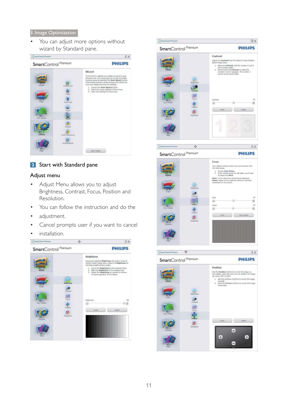 Q start with standard pane adjust menu, Image optimization | Philips 271P4QPJEB-27 User Manual | Page 13 / 46