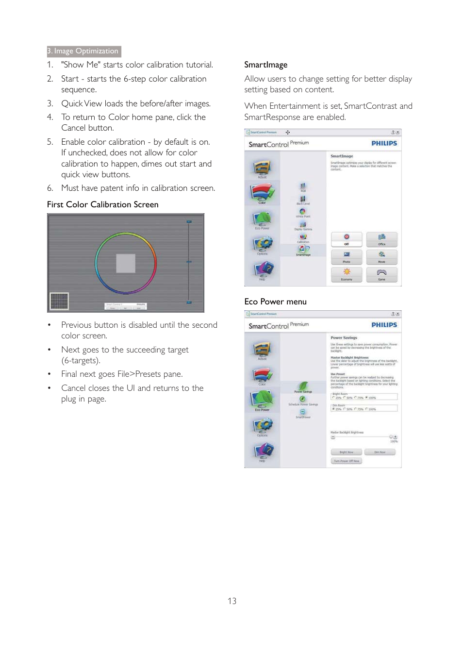 First color calibration screen, Smartimage, Image optimization | Philips 271P4QPJEB-27 User Manual | Page 15 / 46